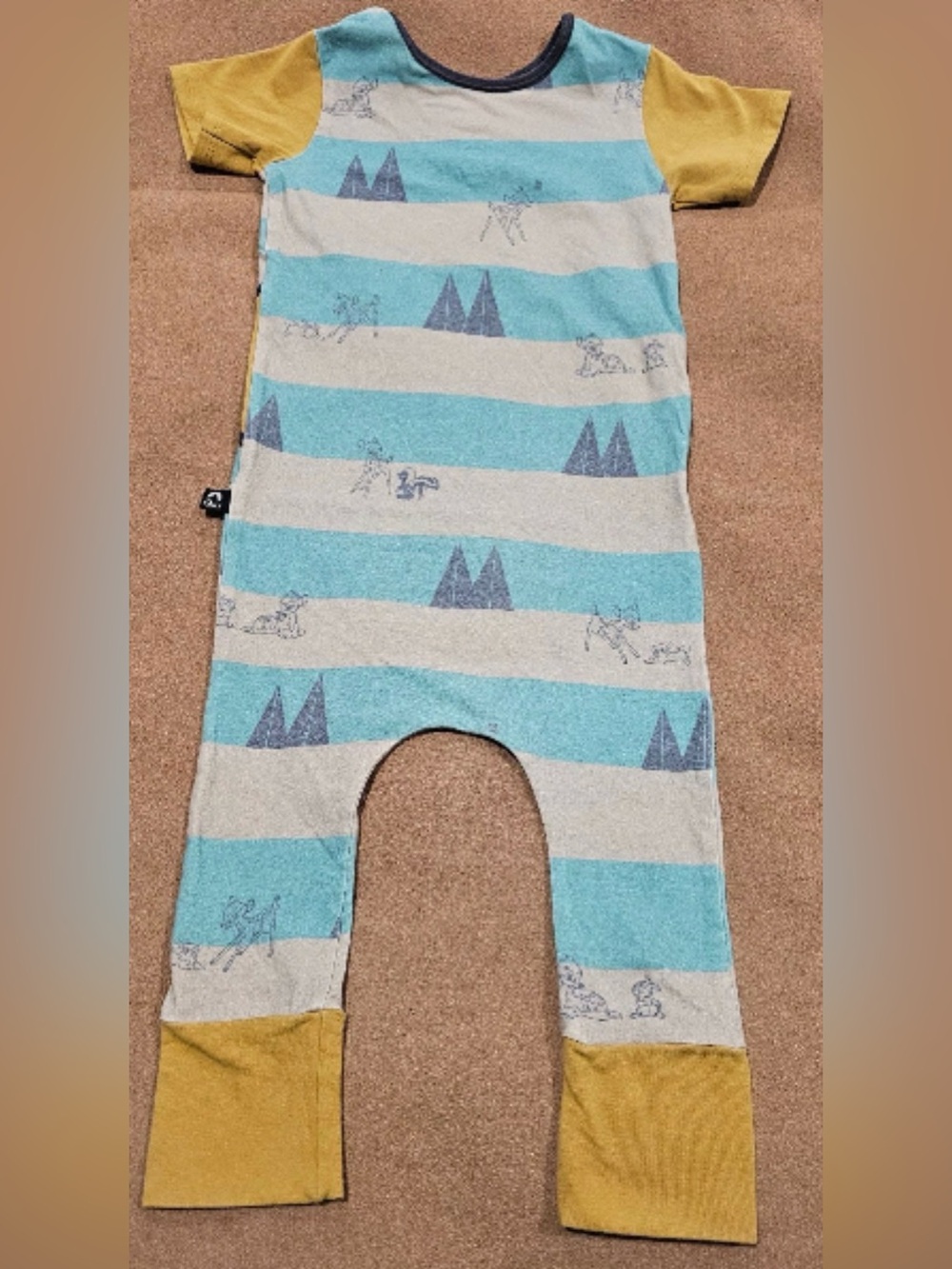 Rags x Disney Bambi romper features a striped "Bambi Forest” 6/12 Months
